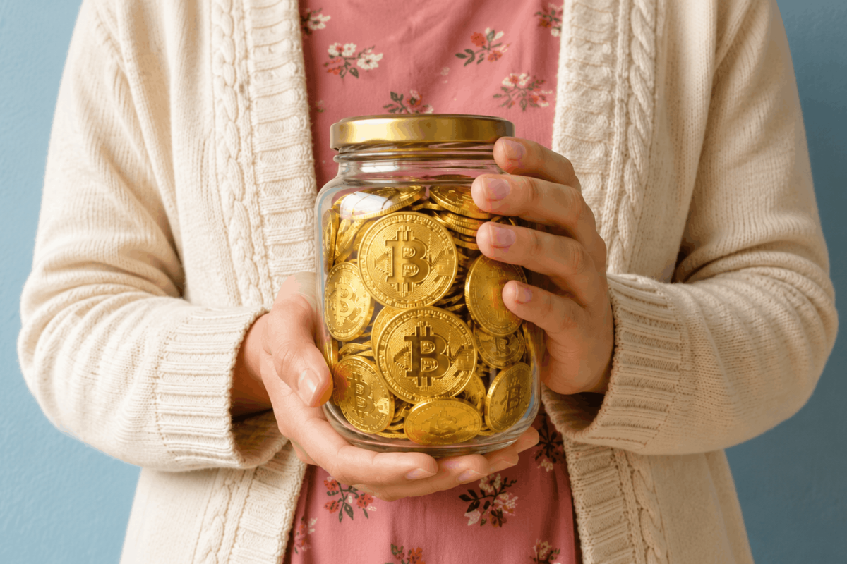 Bitcoin coins in a jar symbolizing cryptocurrency retirement planning.